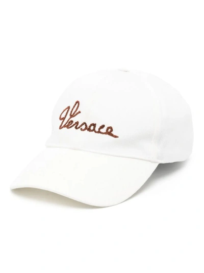 Versace Logo Embroidered Baseball Cap In White