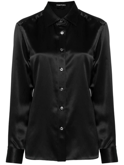 Tom Ford Spread-collar Silk-satin Shirt In Black