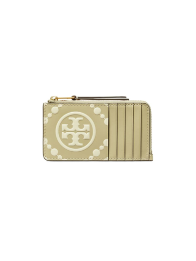 Tory Burch T Monogram Contrast Embossed Leather Zip Card Case In Olive Sprig/gold