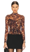 Allsaints Elia Spark Printed Mesh Bodysuit In Brown
