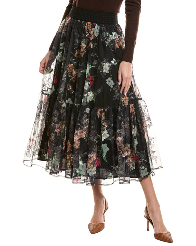 Gracia Mesh Floral Midi Skirt In Black