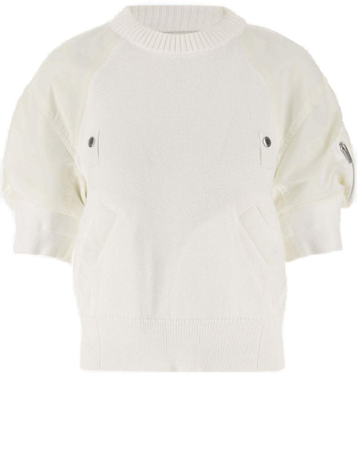 Sacai Short Sleeved Panelled Knitted Top In Beige
