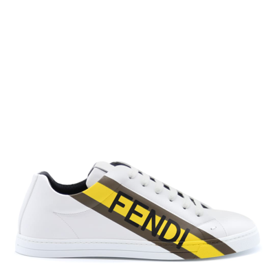 Fendi White Leather Sneakers With Logo Print In Wihite/black/yellow