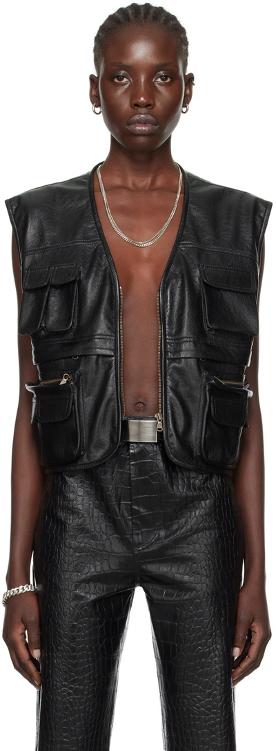 Lu'u Dan Black V-neck Faux-leather Vest In Mj036le