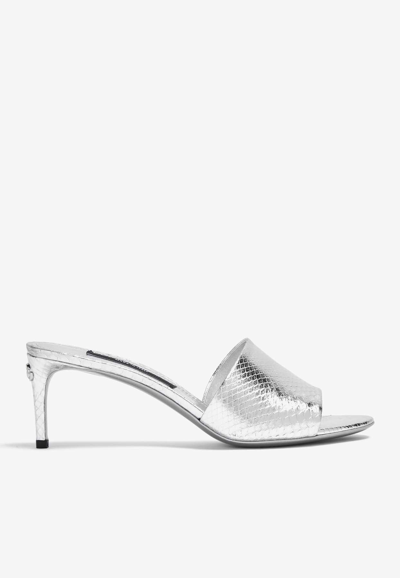 Dolce & Gabbana 70 Crocodile-effect Leather Mules In Silver