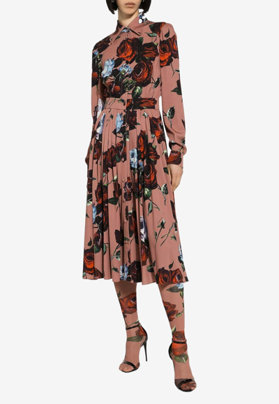 Dolce & Gabbana All-over Floral-patterned Shirt Dress In Pink