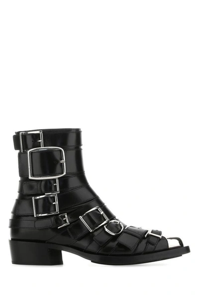 Alexander Mcqueen Woman Black Leather Punk Ankle Boots