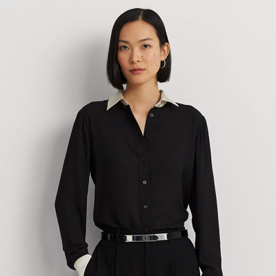 Lauren Ralph Lauren Classic Fit Two-tone Georgette Shirt In Black/mascarpone Cream