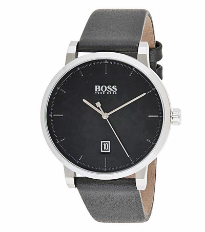 Pre-owned Hugo Boss Mens  Watch Black Dial W/date Black Leather Band Stainless Case 1513790