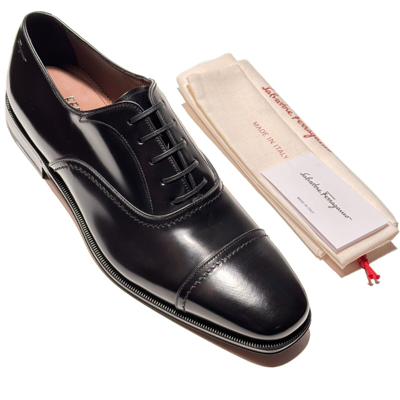 Pre-owned Ferragamo Seul Leather Cap Toe Welted Oxford Formal Men's Black Dress Shoes