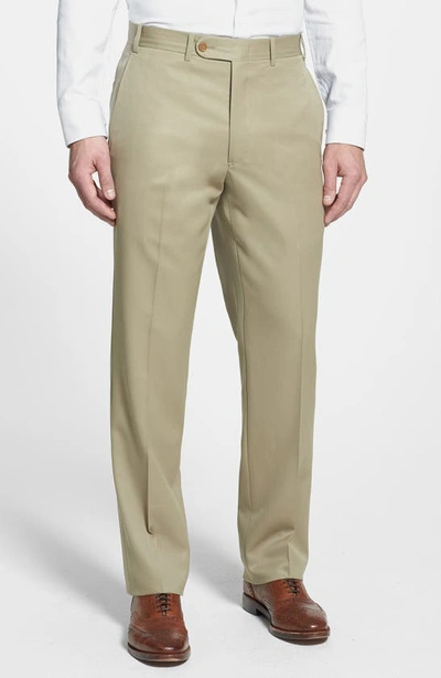 Jb Britches Flat Front Worsted Wool Trousers In Khaki