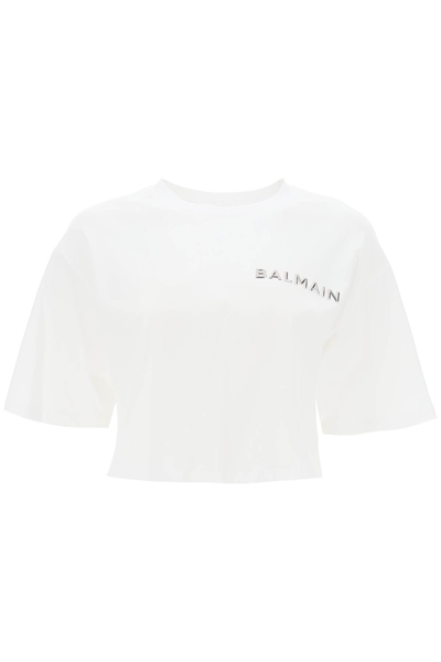 Balmain Cropped T Shirt With Metallic Logo In White