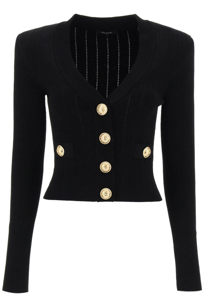 Balmain Ribbed Knit Cardigan In Black