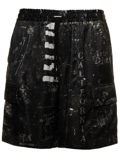 Amiri Army Stencil Printed Viscose Cargo Shorts Man In Black