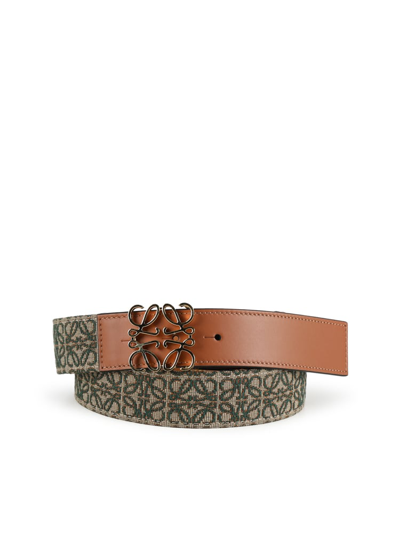 Loewe Anagram Belt In Leather And Jacquard In Khaki Green/tan/gold
