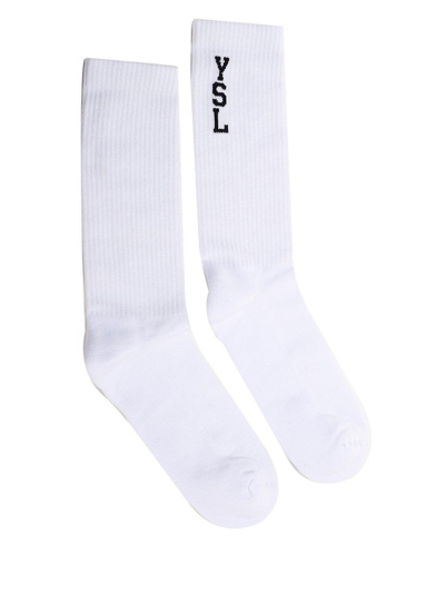 Saint Laurent Logo Intarsia Socks In Bianco