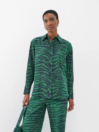Victoria Beckham Tiger-print Oversized Silk Pajama Shirt In Green