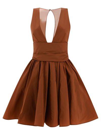 Pinko Short Dress With Ruffles And V-neck In Brown