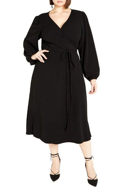 City Chic Hayden Long Sleeve Faux Wrap Midi Dress In Black