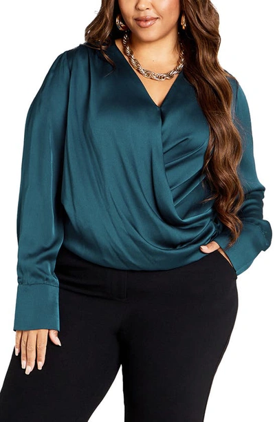 City Chic Alena Satin Faux Wrap Top In Teal