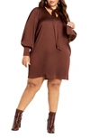 City Chic Mara Long Sleeve Satin Minidress In Mocha