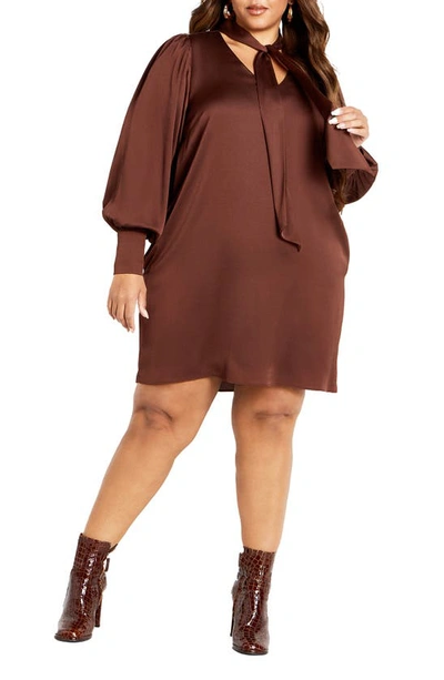 City Chic Mara Long Sleeve Satin Minidress In Mocha