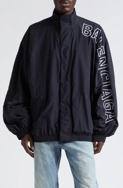 Balenciaga Oversize Logo Embroidered Track Jacket In Black