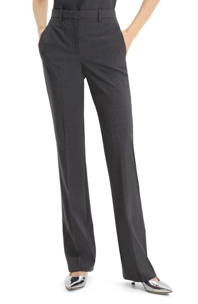 Theory Slim-straight Pant In Leather In Charcoal Melange