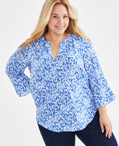 Style & Co Plus Size Printed Pintuck Blouse, Created For Macy's In Fern Periwinkle