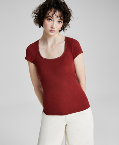And Now This Women's Picot-trim Cap-sleeve T-shirt, Created For Macy's In Fireside