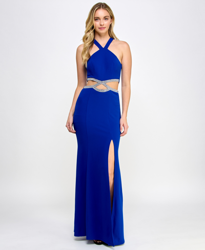 Speechless Juniors' Embellished Cutout Halter Gown, Created For Macy's In Royal