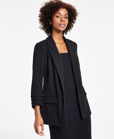 Bar Iii Women's Notch-lapel Ruched-sleeve Open-front Blazer, Created For Macy's In Deep Black