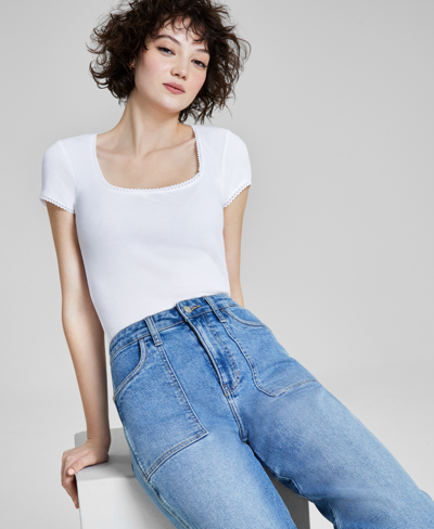 And Now This Women's Picot-trim Cap-sleeve T-shirt, Created For Macy's In White