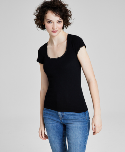 And Now This Women's Picot-trim Cap-sleeve T-shirt, Created For Macy's In Black