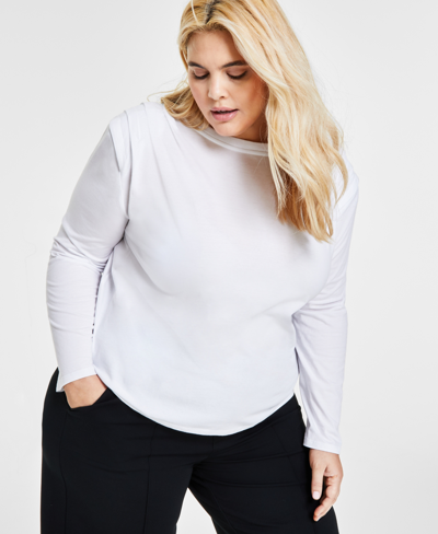 Bar Iii Plus Size Cotton Round-neck Pleat-shoulder T-shirt, Created For Macy's In Bright White