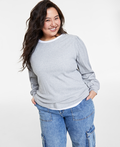 On 34th Plus Size Pointelle-rib Long-sleeve Top, Created For Macy's In Light Grey Heather