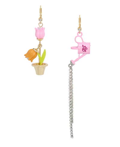 Betsey Johnson Faux Stone Tulip Watering Can Mismatch Drop Earrings In Pink,gold