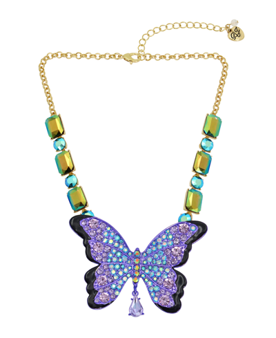 Betsey Johnson Faux Stone Butterfly Pendant Necklace In Purple,gold