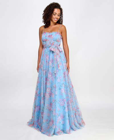 City Studios Juniors' Floral-print Bustier Gown, Created For Macy's In Sky Rose