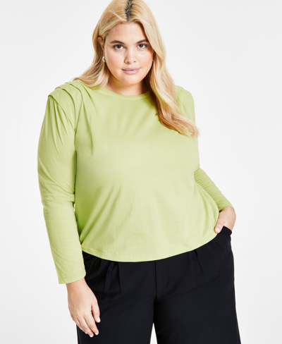 Bar Iii Plus Size Cotton Round-neck Pleat-shoulder T-shirt, Created For Macy's In Spring Lime