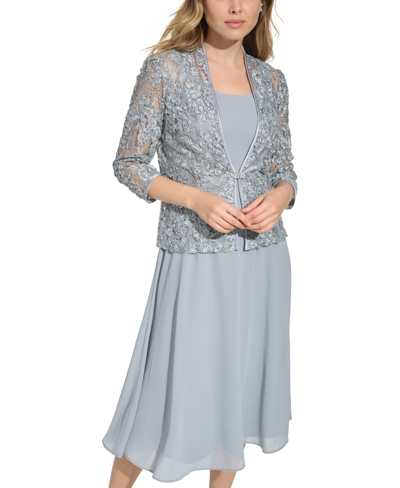 Jessica Howard Petite Lace Jacket & Chiffon Midi Dress Set In Steel