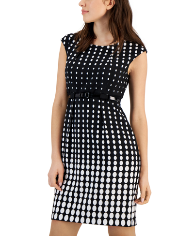 Connected Petite Dotted Cap-sleeve Belted Sheath Dress In Black