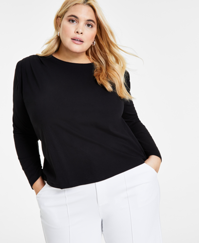 Bar Iii Plus Size Cotton Round-neck Pleat-shoulder T-shirt, Created For Macy's In Deep Black