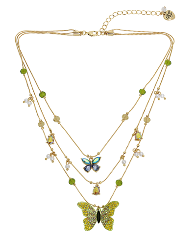 Betsey Johnson Faux Stone Butterfly Layered Necklace In Multi,gold