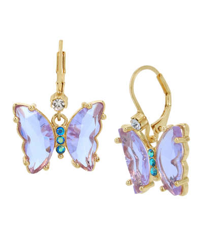Betsey Johnson Faux Stone Butterfly Drop Earrings In Purple,gold