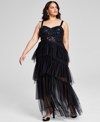 CITY STUDIOS PLUS SIZE SEQUIN TIERED MESH GOWN, CREATED FOR MACY'S