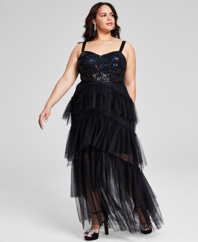 City Studios Plus Size Sequin Tiered Mesh Gown, Created For Macy's In Black