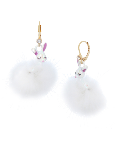 Betsey Johnson Faux Stone Bunny Pom Pom Drop Earrings In White,gold