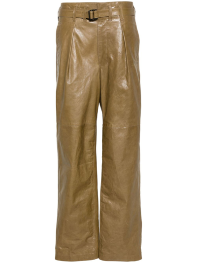 Lemaire Wide-leg Leather Trousers In Green