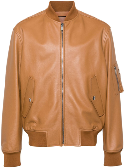 Valentino Leather Bomber Jacket In Brown